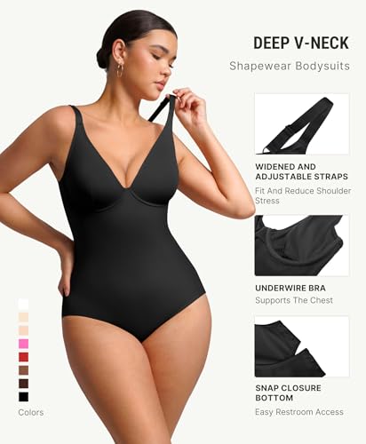 Image of FeelinGirl Shapewear Bodysuits for Women Tummy Control Deep V Neck Body Suits with Adjustable Straps Tops
