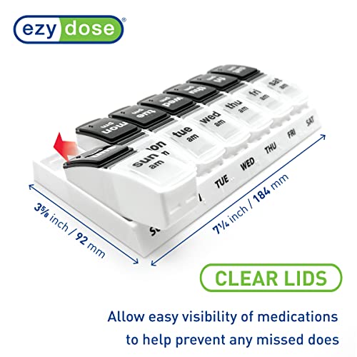 Image of EZY DOSE Weekly (7-Day) Daily AM /PM Pill Case, Medicine Planner, Vitamin Organizer, Supplement Container, Large Pop-Out Compartments, Designed for Travel 2 Times a Day, Black and White Lids