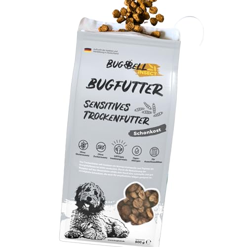 BugBell 900g Premium Trockenfutter Schonkost, Nur fünf Komponenten, Hypoallergen, für Allergikerhunde, Insekten Hundefutter