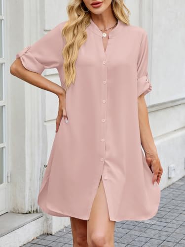 Image of PerZeal Womens Sexy V Neck Button Down Shirt Dresses Summer Short Sleeve Casual Loose Blouses & Button-Down Shifts Cover Ups