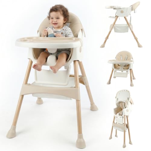 Image of Baby High Chair, Highchair with Adjustable Legs Portable 4-in-1 Convertible Highchairs with Removable Double-Layer Dinner Plate (Beige)