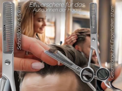 PREMIUM Effilierschere Haarschere mit Etui - Friseurschere zum ausdünnen der Haare - Ausdünnschere für jedes Haar 2-Seitig gezahnt aus Edelstahl 6 Zoll Silber