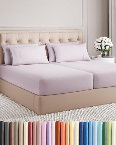 Image of Split King 7 Piece Bed Sheet Set - Breathable & Cooling - Light Lavender | Ultra-Soft Hotel Luxury Bedding Set w / 8-16 Inch Deep Pockets, 1 Flat & 2 Fitted Sheet & 4 Pillowcases, Wrinkle & Fade Free