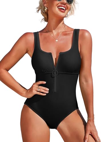 Charmo Women's One Piece Swimsuit Zipper Front Bathing Suits Square Round Neck Swimwear Low Back Monokini