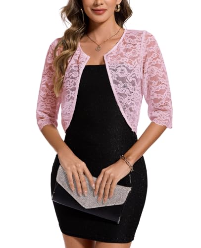 Image of MINTLIMIT Women's Elegant Floral Lace Shrug Bolero Summer Lightweight 3 /4 Sleeve Hook Open Front Cropped Cardigan for Dresses