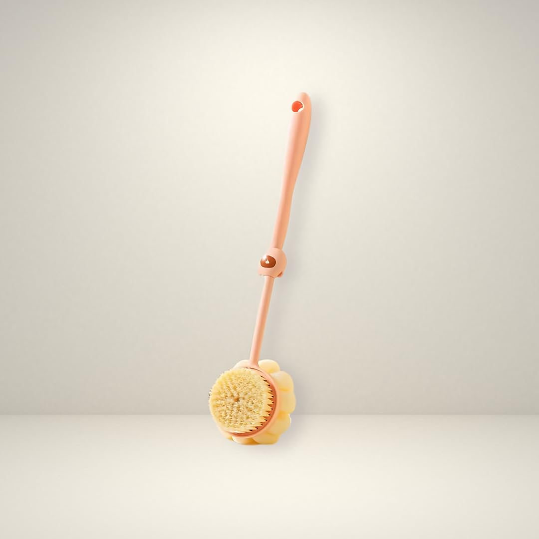 Soft Long Handle Cleaning Brush, 2-in-1 Shower Massage Bristles, Body Back Wash Exfoliating Tool (Pink)