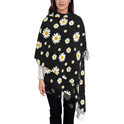 Bagea-Ka White Yellow Daisy Flower Black Scarf Long Shawl Wraps Pashmina for Women Girls with Tassels Soft Warm Cozy2