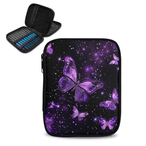 Image of Crochet Hook Case Purple Butterfly Crochet Hook Holder Portable Crochet Hook Storage Bag with Web Pockets Suitable for Crochet Needles /Knitting Accessories
