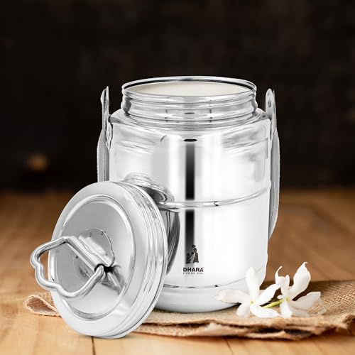 Image of Dhara Stainless Steel 2700 ml Dolchi Oil & Milk Container with Lid, Jointless One Piece Storage Pot with Screw Lid and Handle