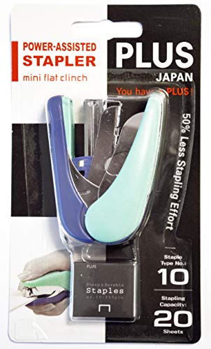 PLUS Japan, Mini-Flachhefter ST-10V in Blau, Flachheftgerät mit Kraftunterstützung, Heftleistung bis maximal 20 Blatt, Mini Tacker, inklusive 300 Heftklammern No. 10, 1er Pack (1 x 1 Hefter)