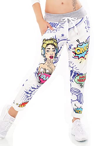Italy Damen Hose Jogpants Baggy Boyfriend Freizeithose Comic Cartoon Schrift 36-40 (Blau) Cover
