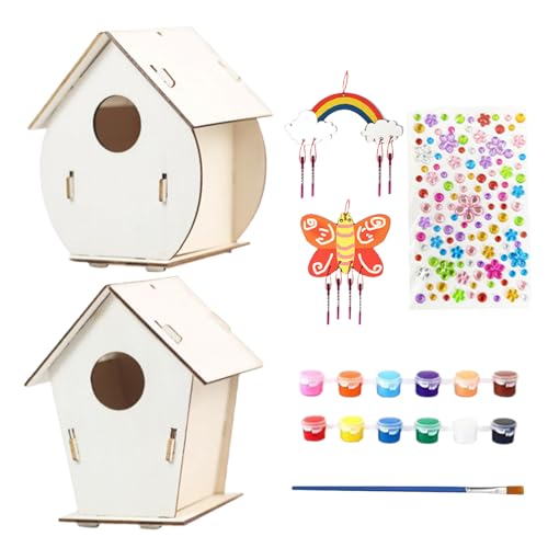 xCasetta per gli uccelli - Kit di montaggio in legno con pennelli, set artigianale per nido costruibile, divertente attività educativa, giocattolo didattico creativo | Progetto artistico da giardino a