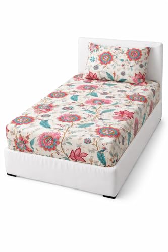 Image of Single Elastic Fitted Sheet (48x72) - Fits up to 8 Inch Mattress, No-Tuck Glace Cotton Fabric, 1 Single Bed Sheet + 1 Pillow Cover Pink Floral