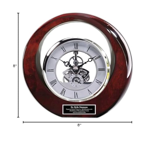 AllGiftFrames Personalized Lunar Circular Rosewood Desk Clock Design Black Engrave Plate Silver Text Gear Display Appreciation Employee of The Year Business Gift Anniversary
