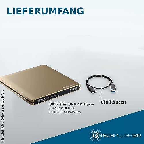 techPulse120 portables USB 3.0 4K UHD 3D M-Disc BDXL HDR10 Laufwerk Blu-ray Brenner Burner Superdrive Ultra-Slim BD DVD CD für Netbook Notebook Ultrabook Windows Mac OS Apple iMAC MacBook Alu Gold – Bild 7