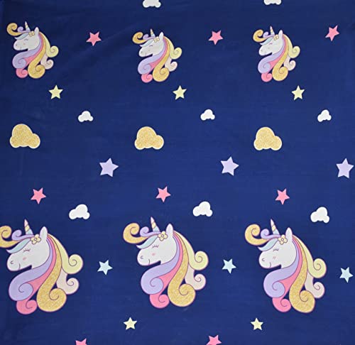 Image of Cotton Feel Glace Cotton Elastic Fitted Printed King Size Double Bed Bedsheet with 2 Pillow Cover(72 inchx78 inch,Blue Unicorn Print)