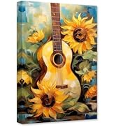 CXHOSTENT Guitar Canvas Wall Art Retro Guitar Sunflower Pictures Print Musical Themed Painting Po...