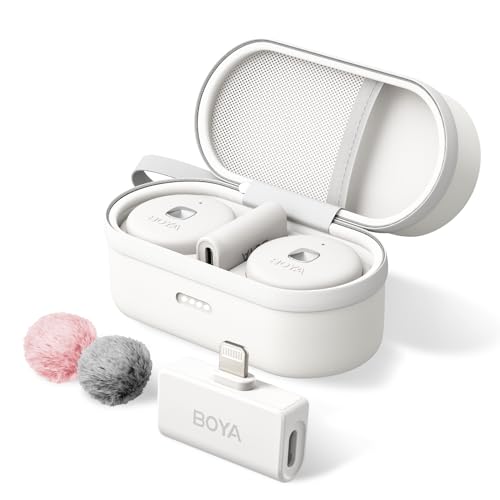Image of BOYA Omic-D-W Wireless Lavalier Microphone for iPhone,Noise Cancelling iPhone Microphone Wireless with Magnetic Clip,18H Battery MFi Certified Lapel Microphone for iPhone /iPad Youtube Vlog Video-White