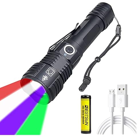 XLENTGEN 4 Colors in 1 Rechargeable Torch, LED Torch with Red/ Green/ White/ UV Light, Waterproof Zoomable Tactical Torch Flashlight with 18650 Battery for Hunting, Fishing, Camping, Night Vision Cover