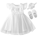 Booulfi Baby Girl Dresses 6-9 Months Baptism Dresses for Baby Girls Flutter Sleeves Lace Tutu White Dress Christening Outfit Girl 3 Pcs Set