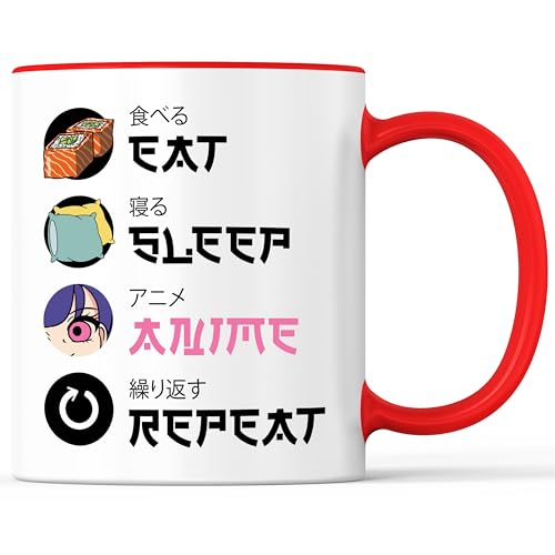Tazza con scritta Eat Sleep Anime Repeat Tazza Manga Otaku Cosplay – Divertente regalo – Tazza da caffè come idea regalo – Tazza da caffè 330 ml – Bianco/Rosso
