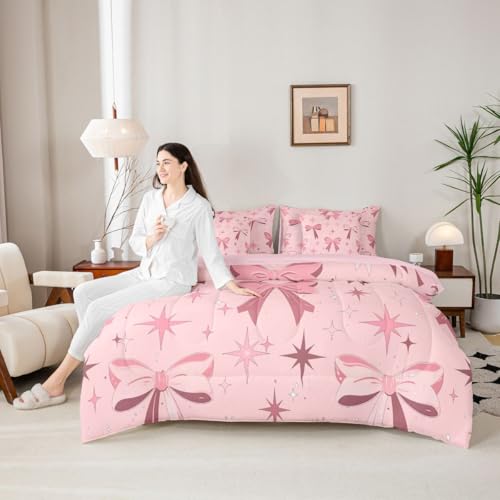 Image of Cute Bow Bed in a Bag King Size Comforter Set 7-Piece | Princess Bow Bedding Sets Dreamy Ribbon Bowknot Comforter and Sheet Set, Stars Watercolor Room Decor,Pink Bow Decor