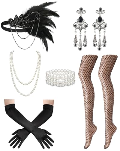 1920s Flapper Costume Accessories for Women Set, Roaring 20s Great Gatsby Masquerade Dresses Accessories for Women Harlem Nights with Headband Black