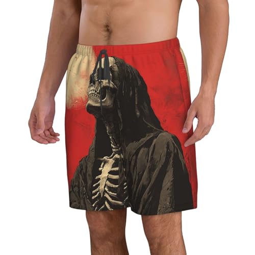 Men Swim Trunks Beach Shorts Swimwear Summer Bathing Suits - Grim Reaper Skeleton Red Retro2