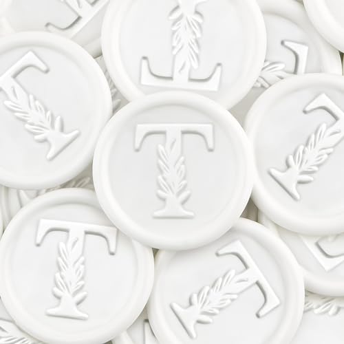 25Pcs White Wax Seal Stickers Handmade Vintage Botanical Leaves Adhesive Letter Wax Stickers for Wedding Party Invitations, Envelope, Gift Wrap, Christmas(Initial T, White)