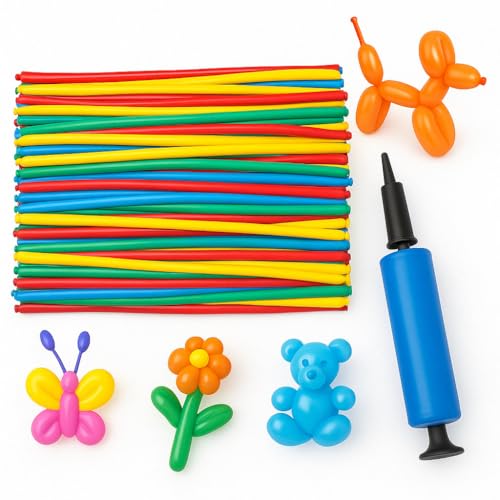 IMAXWAVE Globos Largos 30 Unidades con Inflador, Multicolor, Globos para Modelar y Decorar, Kit Globoflexia DIY para Fiestas, Bodas, Cumpleaños y Eventos Infantiles