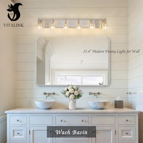 Image of VitaLink 6-Light Crystal Vanity Light, 35.4 inch Long Nickel Bathroom Wall Light Over Mirror Wide Backplate Crystal Wall Light Fixtures for Bathroom