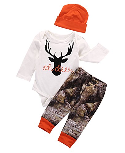 Image of Newborn Baby Boys Hunting Clothes Set Long Sleeve Letters Deer Romper Bodysuit Pants Hat Outfit