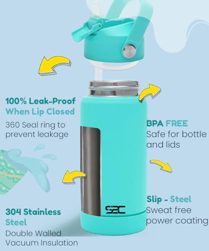 زجاجة مياه معزولة للأطفال من S2C LittleZen - 550 مل / 18 أونصة من الستانلس ستيل خالية من BPA مع غطاء علوي قلاب مقاوم للتسرب بماصة - ألوان باستيلية لطيفة للمدرسة والرياضة والسفر (أخضر)