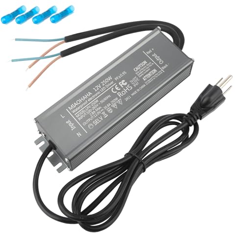 Image of LED Driver 12V 250W, Waterproof IP67 LED Power Supply, AC 110V to DC 12 Volt Low Voltage Transformer with 3-Prong Plug 3.3 Feet Cable for DC Indoor Outdoor LED Light, Computer Project