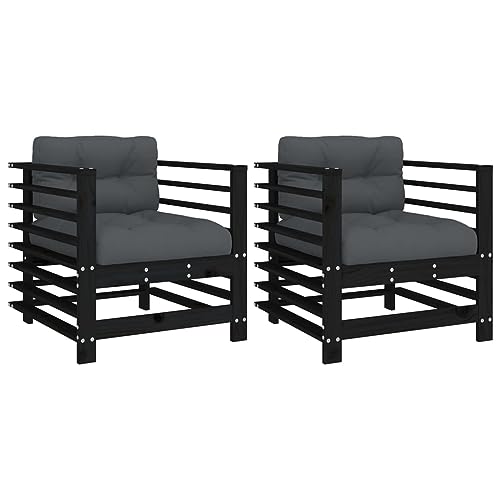 Homgoday Sillones de jardín con Cojines 2 uds Madera Maciza Pino Negro, Sillas de Jardín Sillón Terraza Balcón Patio Butaca Asiento Muebles Mobiliario Hogar Comedor Duradera Robusta Tipo 4 - imagen 2