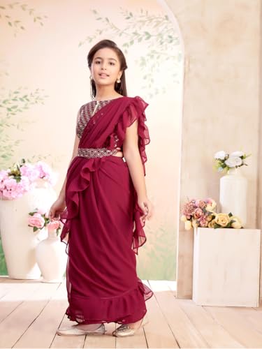Image of Aarika Girls Ethnic Wear Cream Colour Sequin Embroidery Georgette Lehenga Saree With Attachable Dupatta