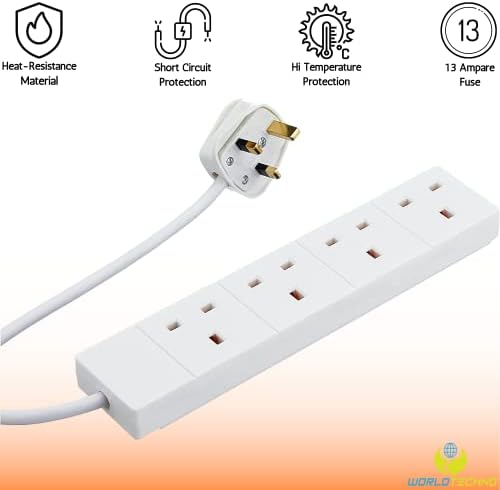 World Techno 4 Gang Way Extension Lead UK Pin Plug and Cable - Multi Socket Mains Strip (White, 2 Metre Cable)