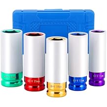 DASBET 1/2 Drive 5Pcs Wheel Lug Nuts Socket Set | Wheel Protector Impact Socket, Impact Lug Nut Socket Set, Deep Non-Marring Thin Wall Impact Socket Set, Color-Coded Metric 15mm 17mm 19mm 21mm 22mm