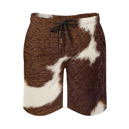 Brown and White Cow Hide Men's Shorts Casual Classic Fit Drawstring Summer Beach Shorts with Pockets2