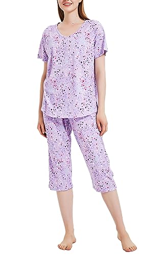 Image of CHUNG Women Cotton Pajama Sets Sleepwear pjs Short Sleeve Shirt Capri Length Crop Pants Cute Vivid Print