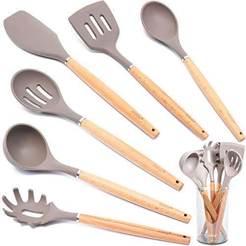 Juvale 7 Piece Silicone Bamboo Nonstick Kitchen Utensil Set with Holder