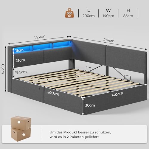 AOGLLATI Polsterbett Schlafsofa 140x200 mit USB-Steckdosen & hydraulischem Stauraum, Betten 140x200 mit LED-Kopfteil & Lattenrost, Kinderbett Tagesbett, Doppelbett, Leinen, Dunkelgrau (ohne Matratze)