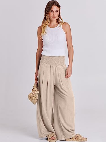 Image of ANRABESS Women Linen Palazzo Pants Summer Boho Wide Leg High Waist Casual Lounge Pant 2026 Beach Travel Vacation Outfits
