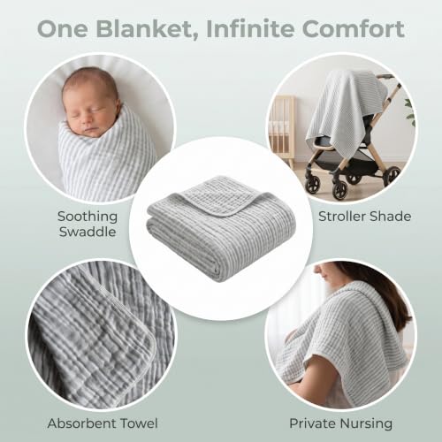 Image of 6-Layer Cotton Muslin Baby Blanket 43x43 inches Swaddles Grey Striped