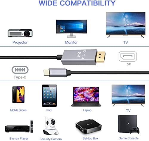 Image of USB C to DisplayPort Cable 8K@60Hz,30Hz,4K 144Hz 120Hz Thunderbolt3 to Displayport Cable,USB Type C to DP Cable Thunderbolt3 Compatible with MacBook,Air,iMac,iPad Pro,XPS,Laptop,Projector,TV,PC