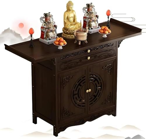 Bamboo Meditation Altar Table with Storage, Dark Brown Pooja Shrine Cabinet, Chinese Buddha Offering Shelf, Personal Pedestal Stand (39.37"x25.98"x15.75")