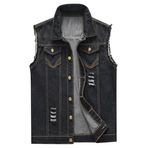 KUDORO Gilet homme Denim Déchiré Veste Gilet sans Manches en Jeans Vintage Gilet Denim Veste à la Mode Motard(Noir,L)