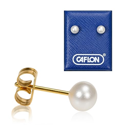 Caflon 24K Gold Plated 5mm White Pearl Stud Earrings | Hypoallergenic Nickel Safe Ear Jewelry | Classic Round Gold Tone Pearl with Push-Back Closure | Daily Wear Fashion Jewelry