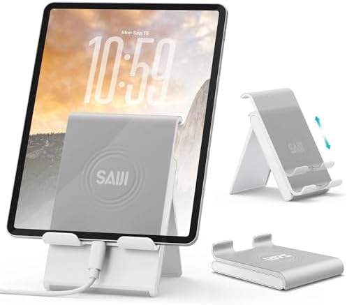 SAIJI Tablet Tabletop Stand Adjustable, Desktop Phone Holder Dock, Foldable Portable Stand Compatible with Tablet Such as iPad Pro 11, Air Mini, Kindle, E-Reader - Gray & White…