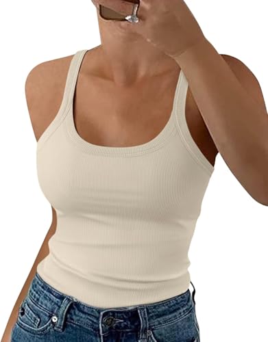 EADINVE Camiseta sin mangas con cuello redondo y tirantes delgados para mujer, camiseta ajustada acanalada, Beige, M